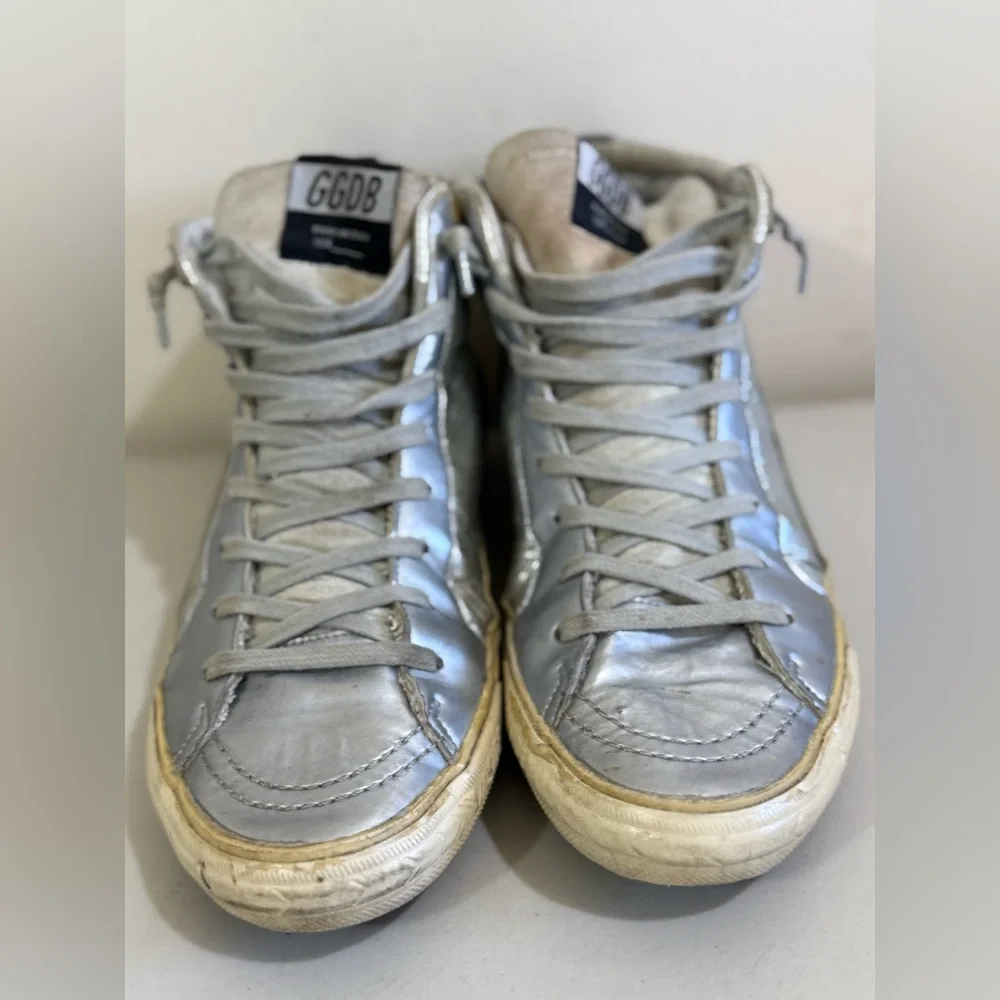 Golden Goose Silver High-Top Sneakers with Cream Soles
